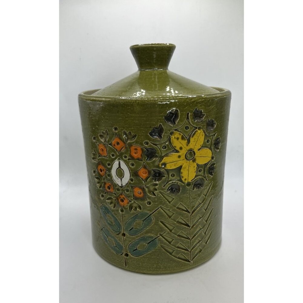 Italian Pottery Cookie Jar with Embossed Flowers by Bitossi, Green 1950s Ceramic - Picture 7 of 15